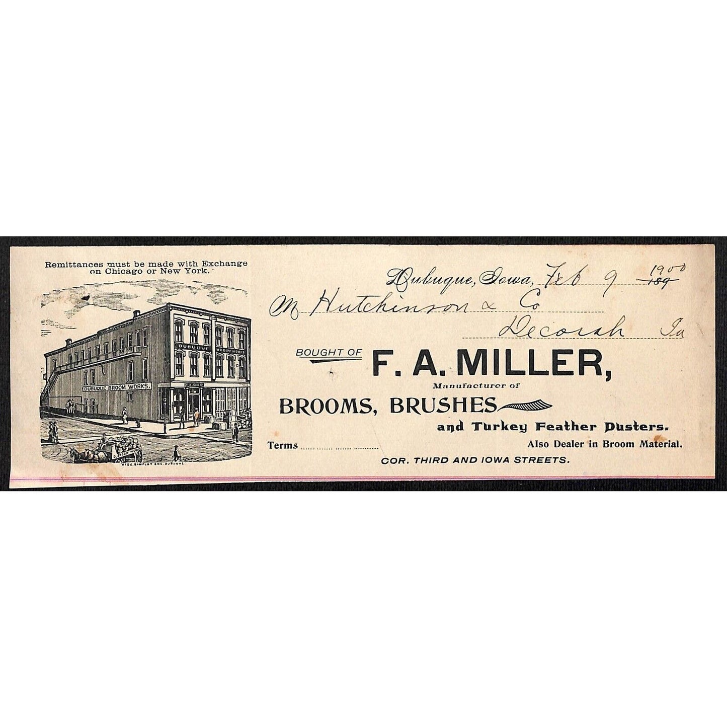 F.A. Miller Dubuque Brooms Hutchinson Decorah, IA* Cut 1890's 1900 Billhead