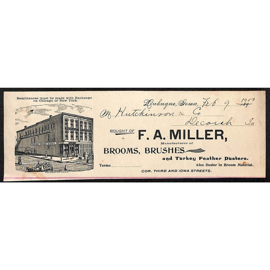 F.A. Miller Dubuque Brooms Hutchinson Decorah, IA* Cut 1890's 1900 Billhead