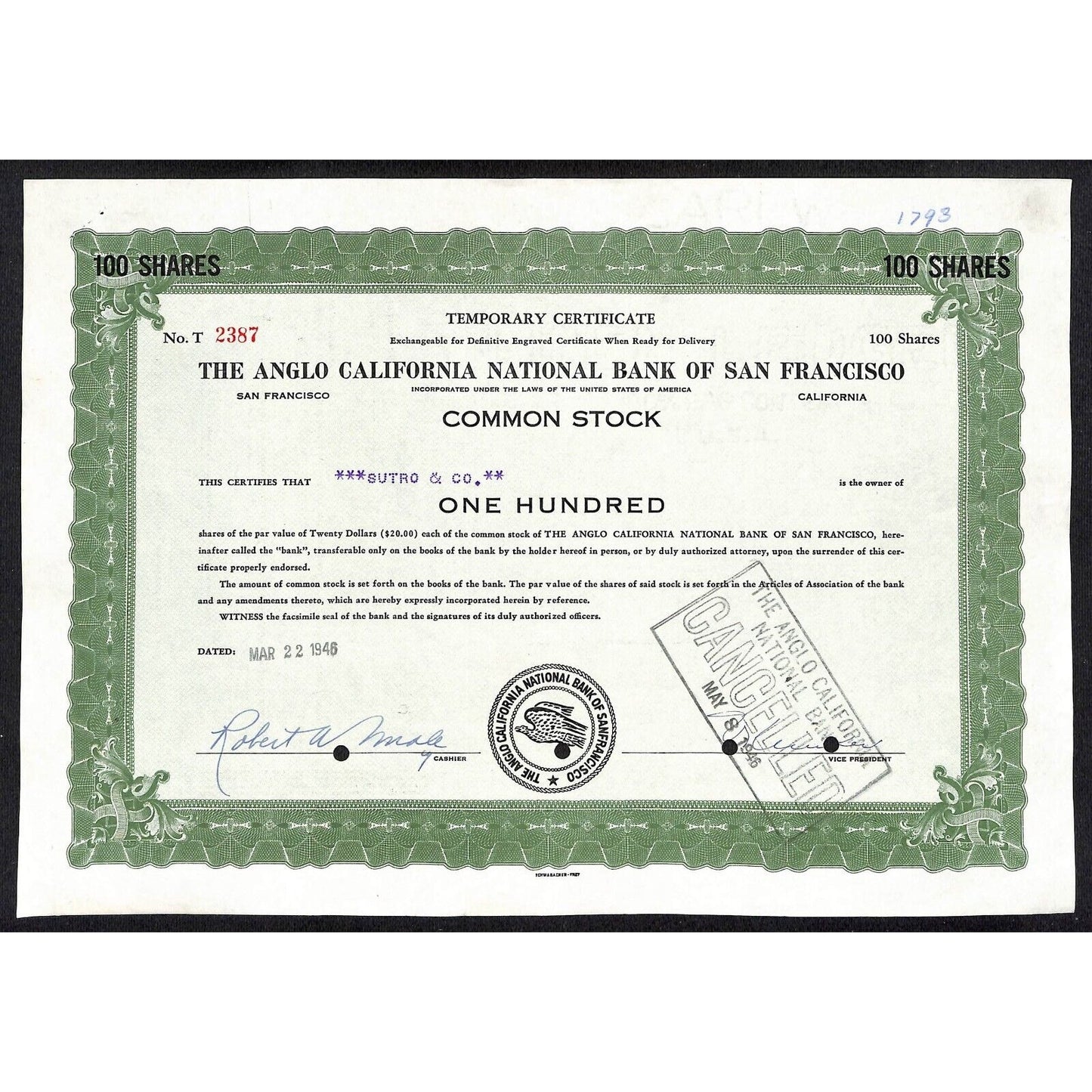 Angelo California National Bank San Francisco 1946 Temp. Stock Certificate #2387