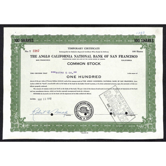 Angelo California National Bank San Francisco 1946 Temp. Stock Certificate #2387