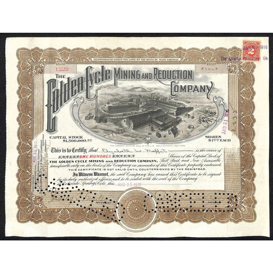 Golden Cycle Mining 1915 Stock Certificate w/ A.E. Carlton Sig. #1228