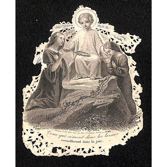 c1900 French Young Jesus Tears / Joy Die Cut Embossed Christian Religious Card