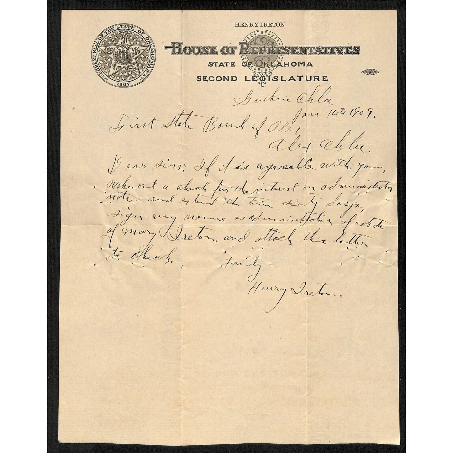 1909 House of Representatives State of Oklahoma 2nd Legislature Letterhead