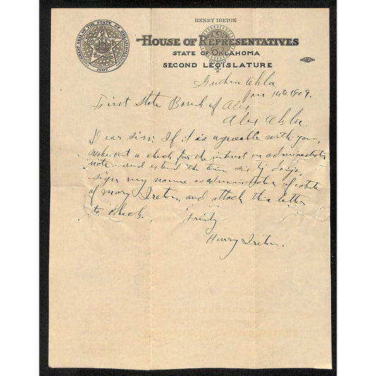 1909 House of Representatives State of Oklahoma 2nd Legislature Letterhead