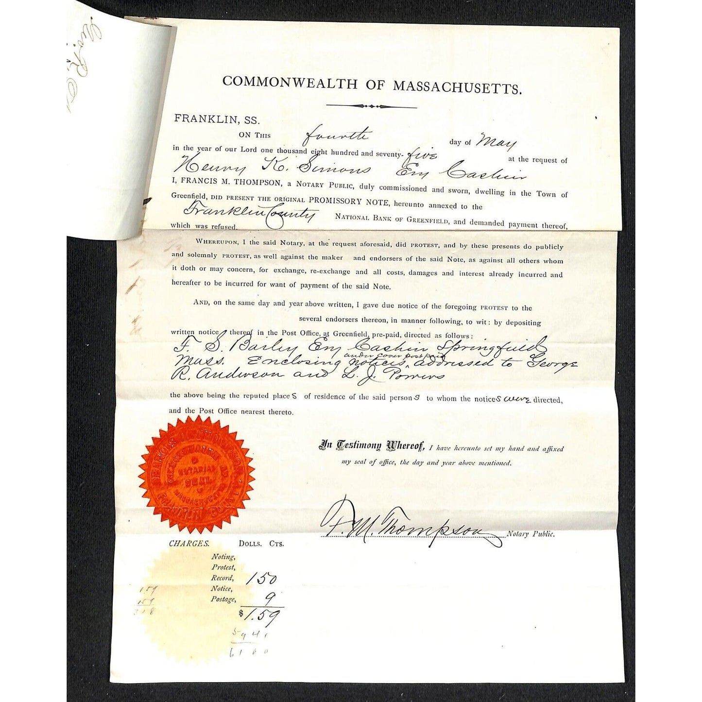1874 Franklin Co. National Bank Greenfield, MA Promissory Note + Notarized Page