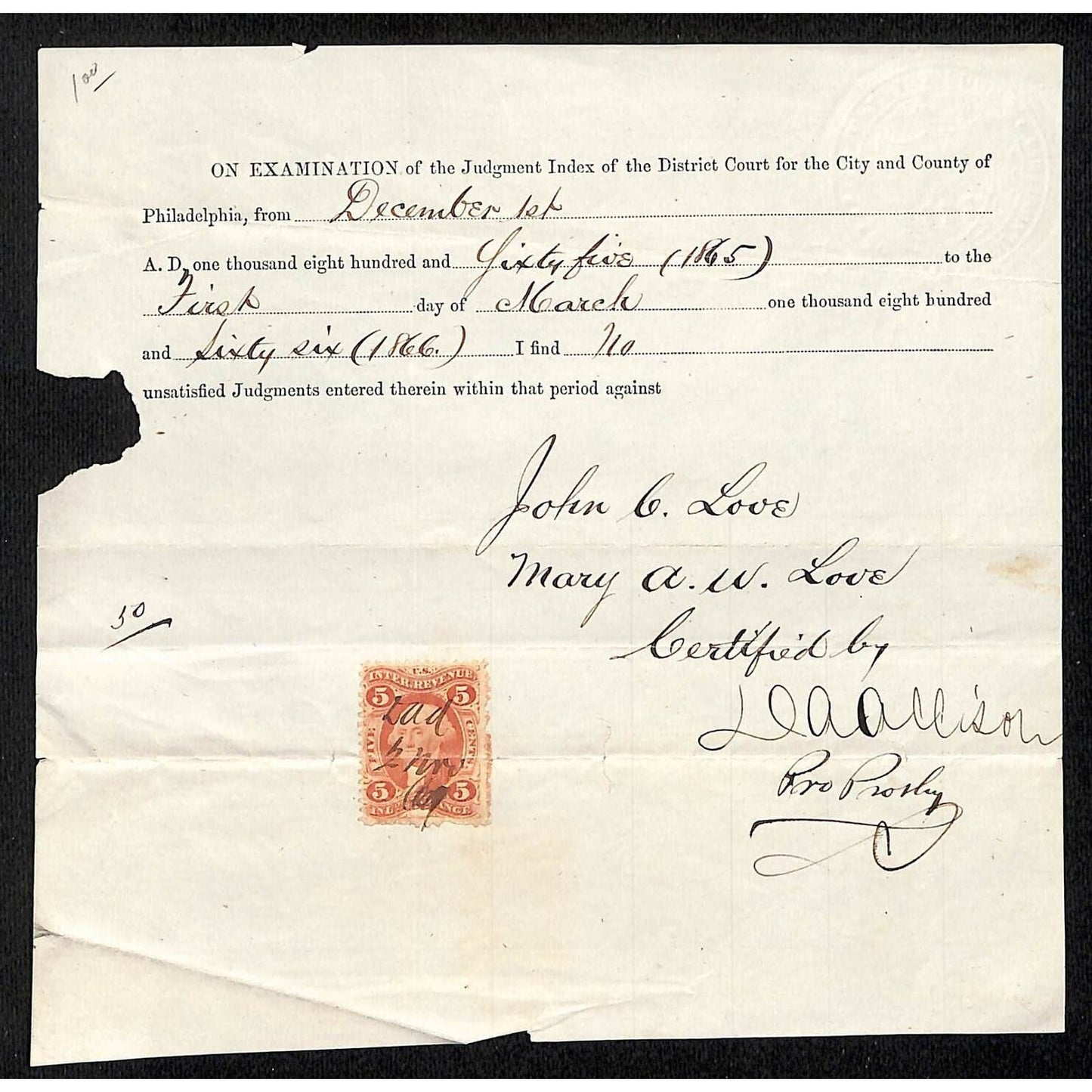 1866 Philadelphia District Court No Judgements Document John C. & Mary A.W Love