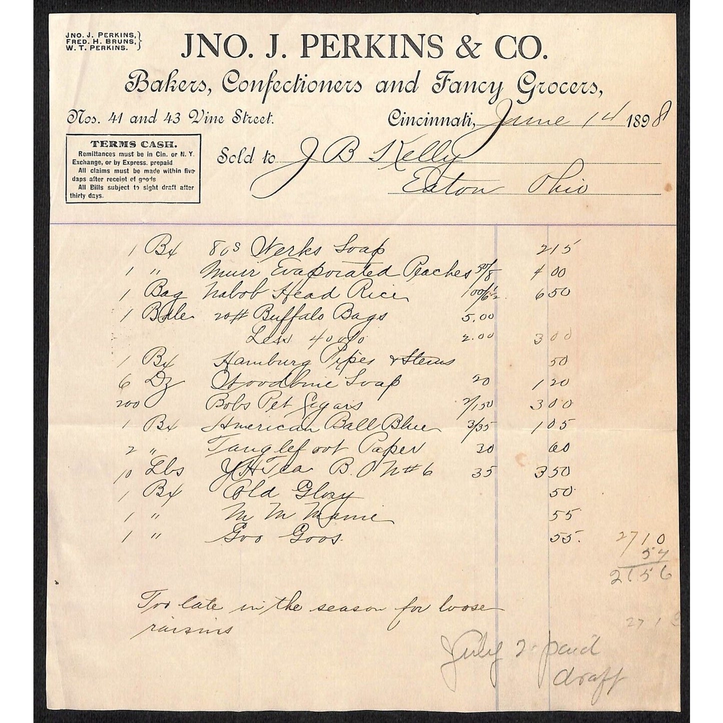 Jno. J. Perkins & Co. Confectioners Bakers Cincinnati 1898 Billhead VGC Scarce