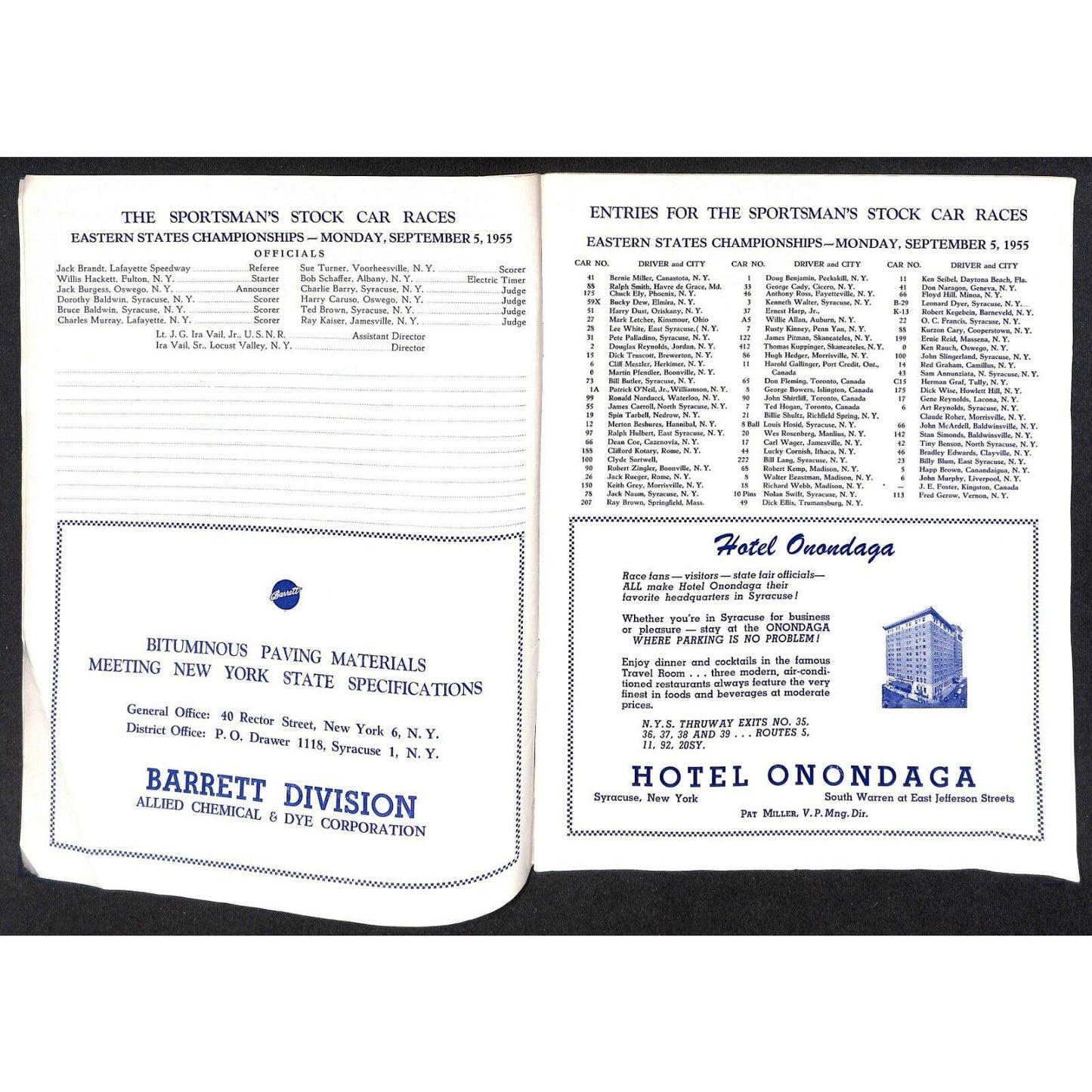 New York State Fair Auto Racing Program Stock Car Sept 1955 24pp Scarce