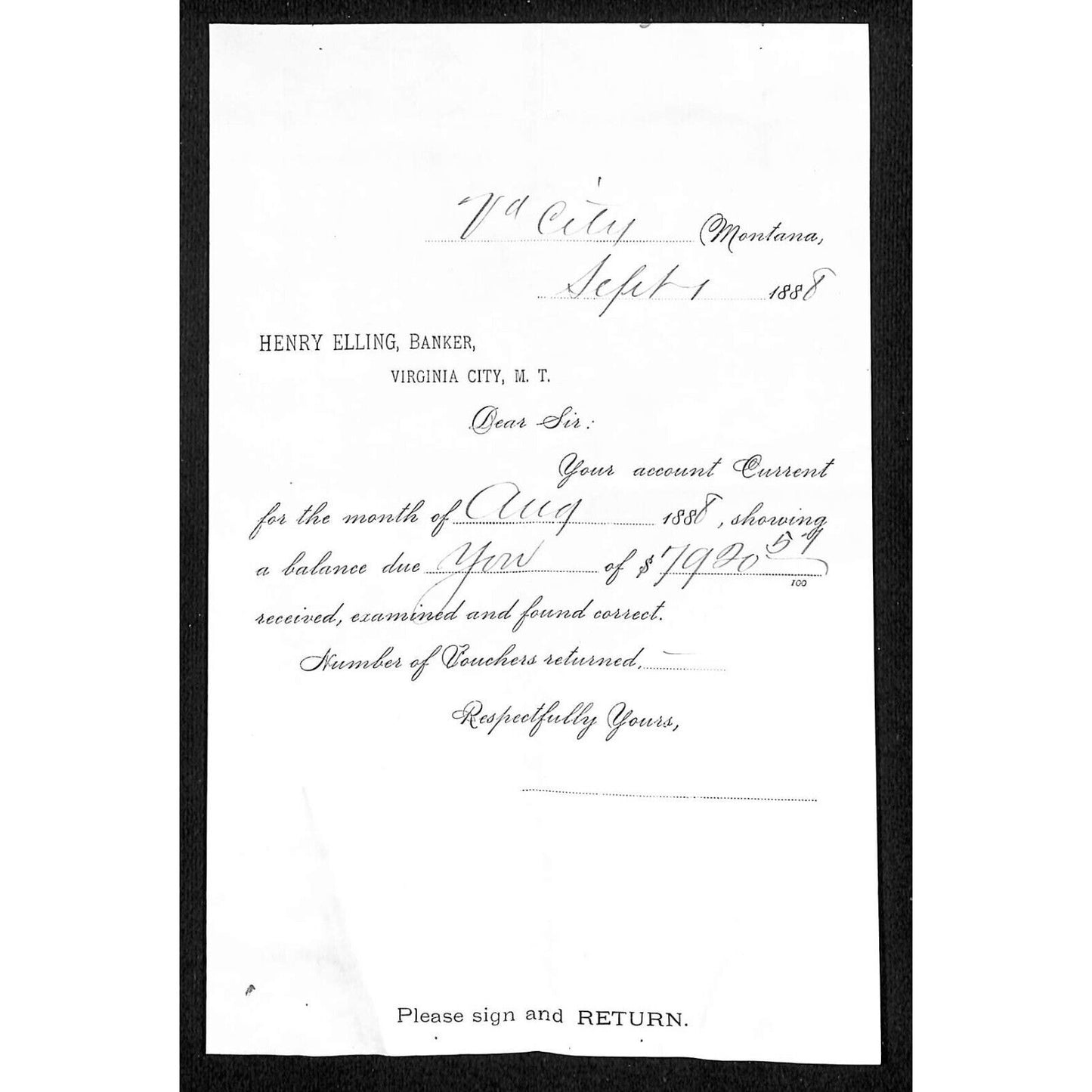 1888 Henry Elling Virginia City Montana Territory Monthly Statement (#1)