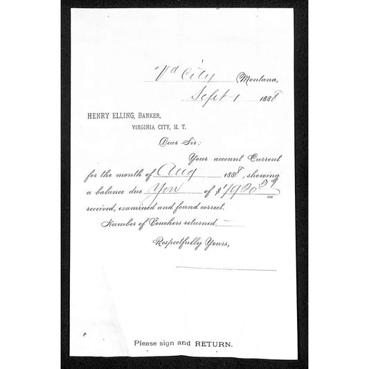 1888 Henry Elling Virginia City Montana Territory Monthly Statement (#1)