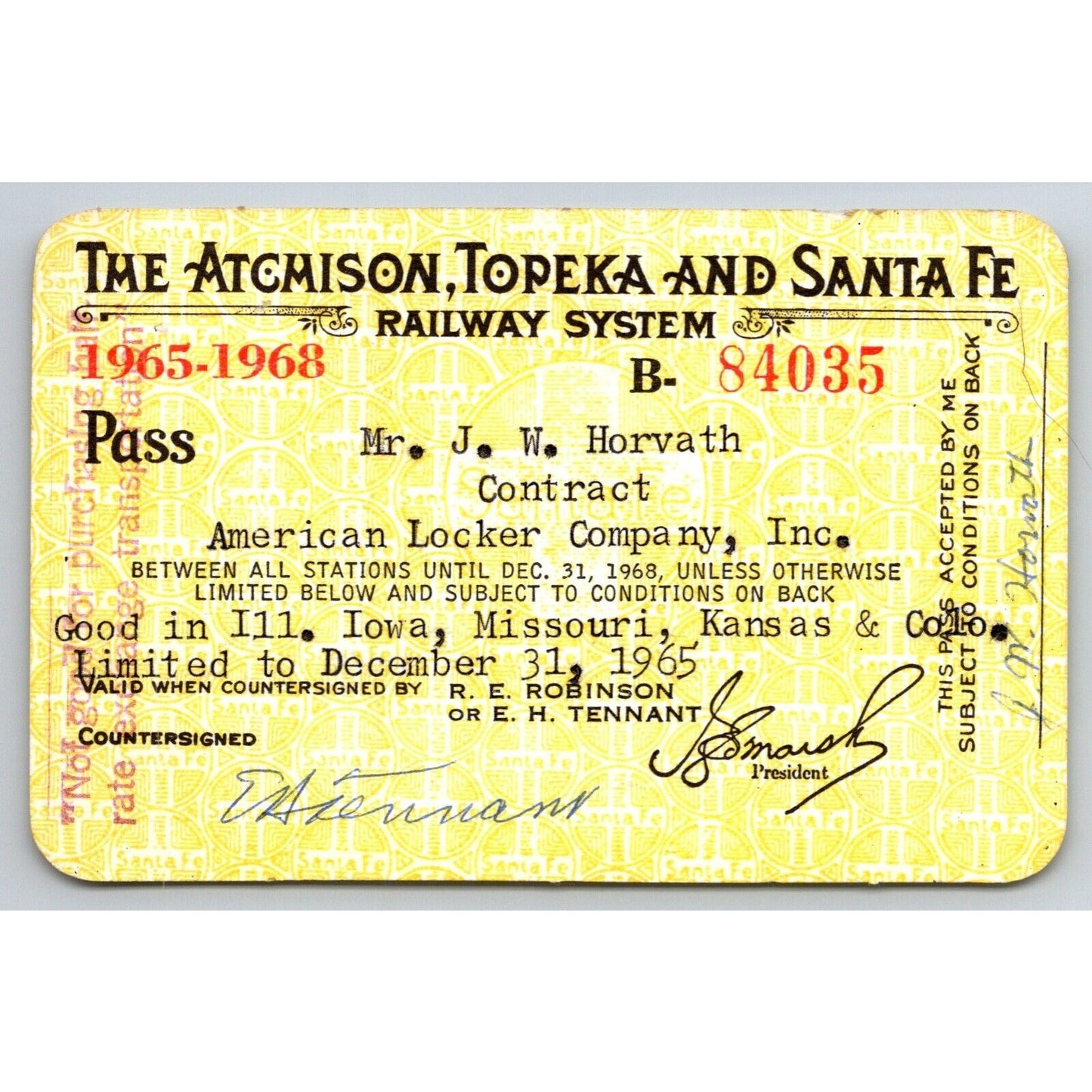 Atchison, Topeka and Santa Fe Railway System 1965-68 Yearly Train Pass #84035