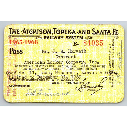 Atchison, Topeka and Santa Fe Railway System 1965-68 Yearly Train Pass #84035