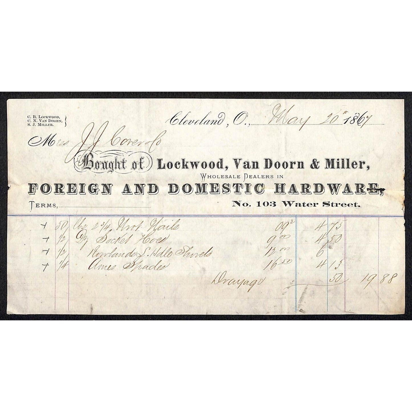 Lockwood, Van Doorn & Miller Hardware Cleveland 1867 Billhead J.J. Cover* Scarce