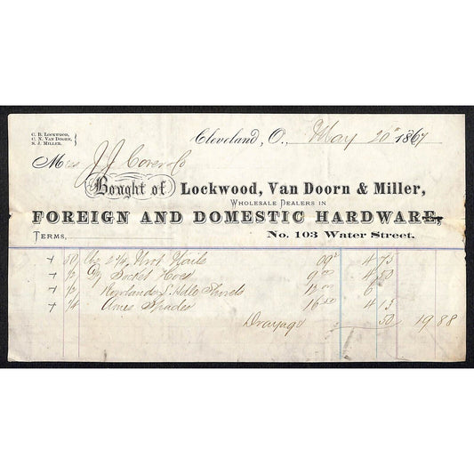 Lockwood, Van Doorn & Miller Hardware Cleveland 1867 Billhead J.J. Cover* Scarce