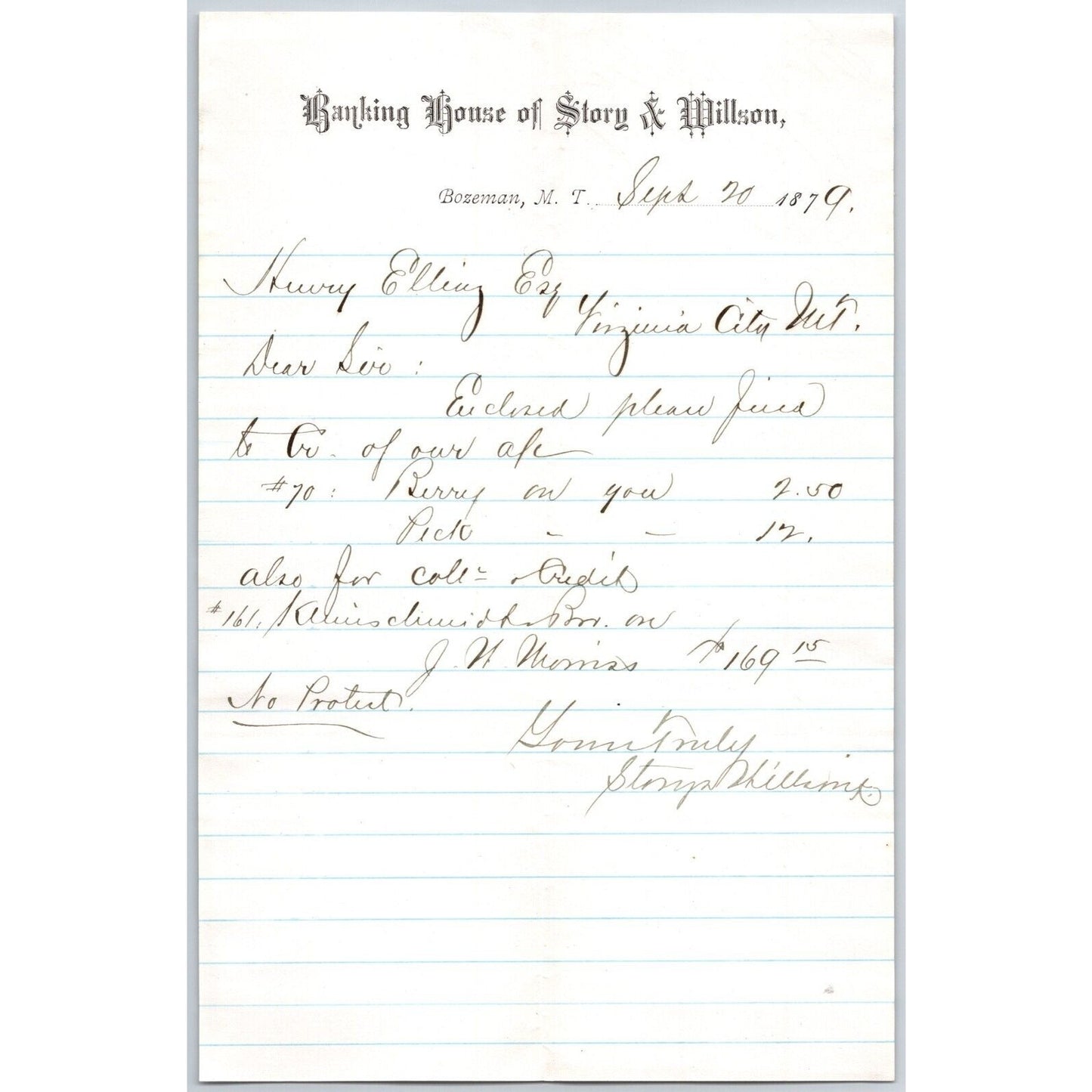 Banking House of Story & Nelson Bozeman, MT 9/20 1879 Letterhead Henry Elling*