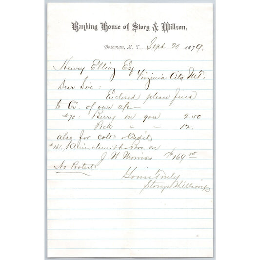 Banking House of Story & Nelson Bozeman, MT 9/20 1879 Letterhead Henry Elling*