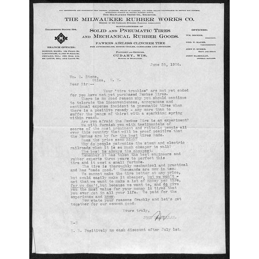 Milwaukee Rubber Works Cudahy, WI 1906 TLS Letterhead - re: Fawkes Tires