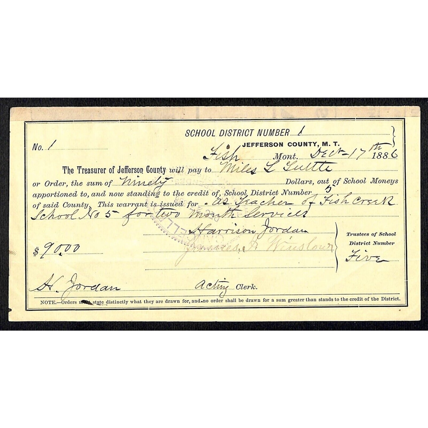 1886 Jefferson County Montana Territory School Warrant / Fish Creek Teacher