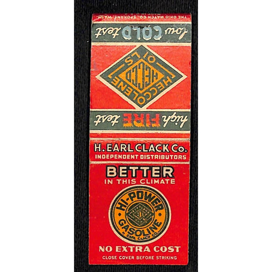 Heccolene Oils Hecco Hi-Power Octane Gas H. Earl Clack Matchbook Cover c1940's