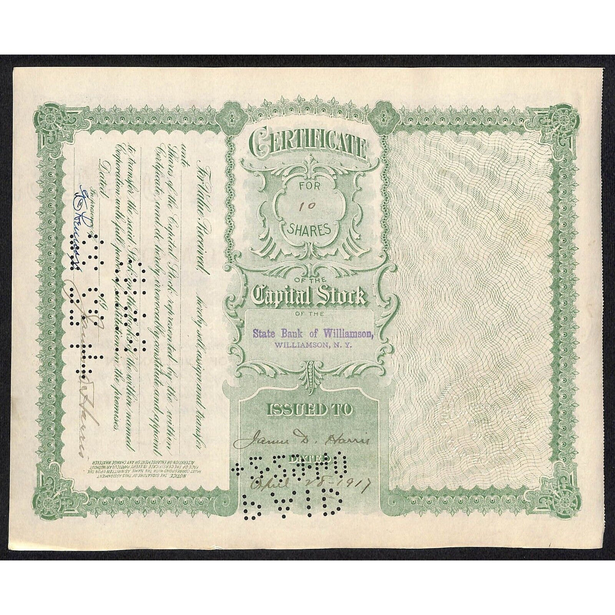 State Bank of Williamson NY 1917 Stock Certificate James D. Harris #121 Scarce