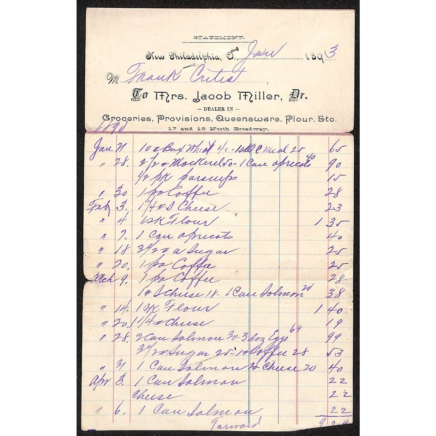 Jacob Miller Groceries New Philadelphia 1893 Billhead / Statement (#4)