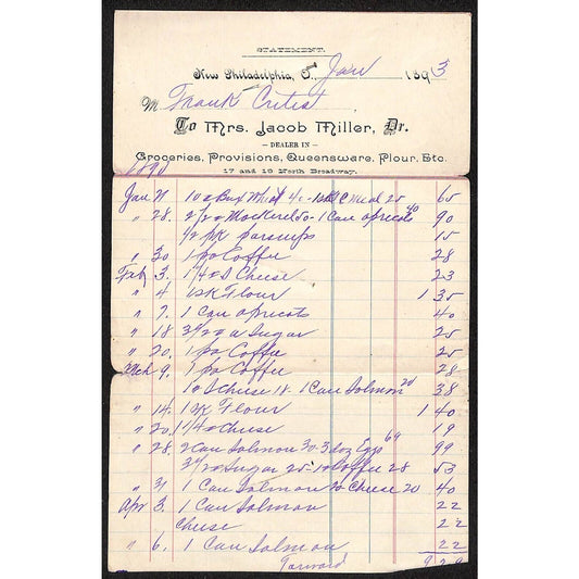 Jacob Miller Groceries New Philadelphia 1893 Billhead / Statement (#4)