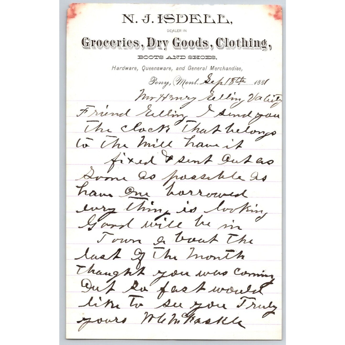N.J. Isdell Pony, MT Dry Goods 9/18 1881 ALS Letterhead Henry Elling*