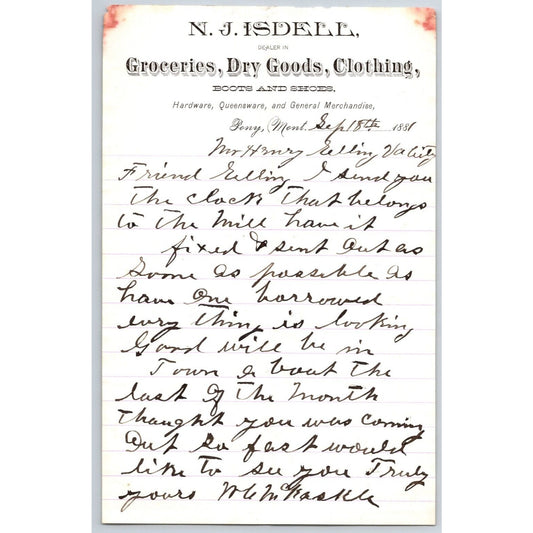 N.J. Isdell Pony, MT Dry Goods 9/18 1881 ALS Letterhead Henry Elling*