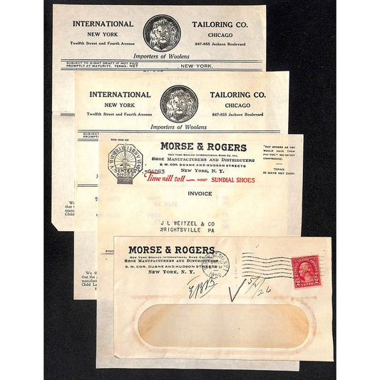 Morse & Rogers / International Tailoring NYC 1926 3 Billheads + Cover