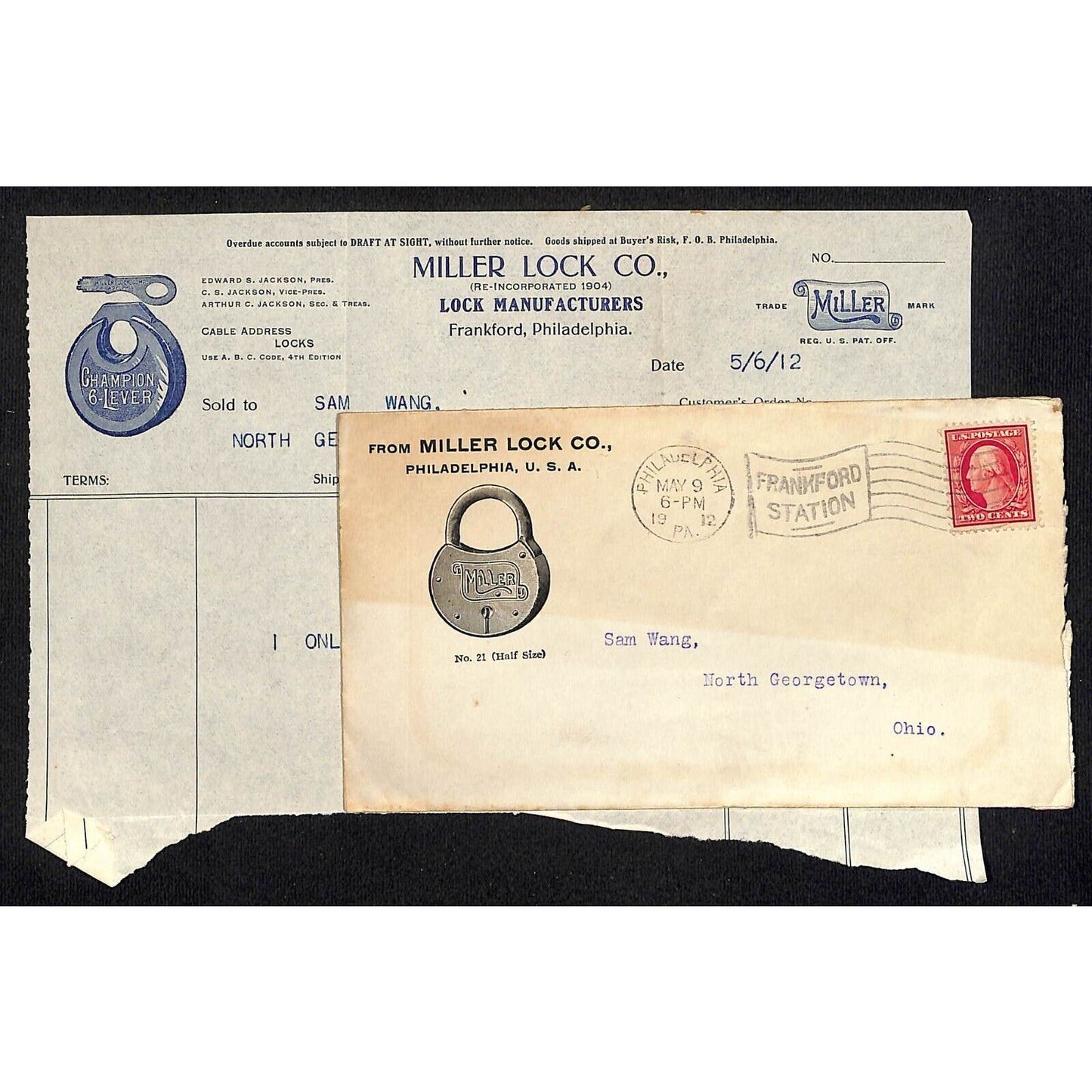 Miller Lock Co. Philadelphia Samuel Wang Co* N. Georgetown 1912 Billhead & Cover