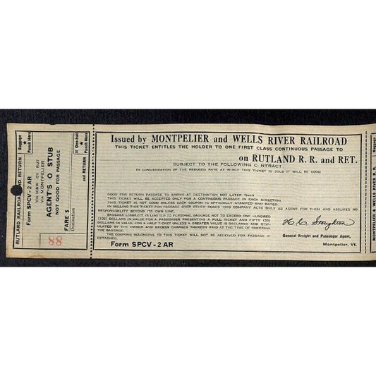 Montpelier and Wells River Railroad Unused First Class Ticket Scarce c1941 #88
