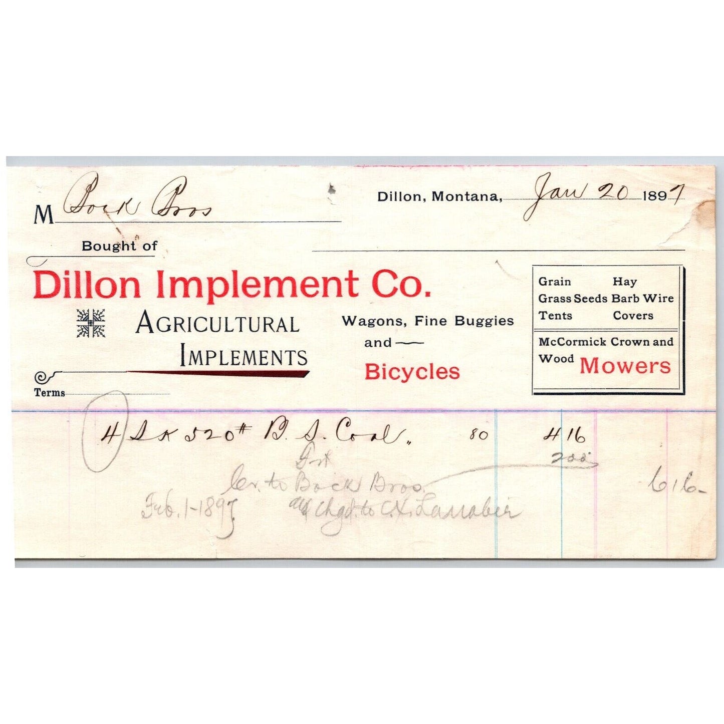 Dillon, MT Dillon Implement Co. Agricultural Bicycles Wagons 1897 Billhead