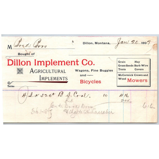 Dillon, MT Dillon Implement Co. Agricultural Bicycles Wagons 1897 Billhead