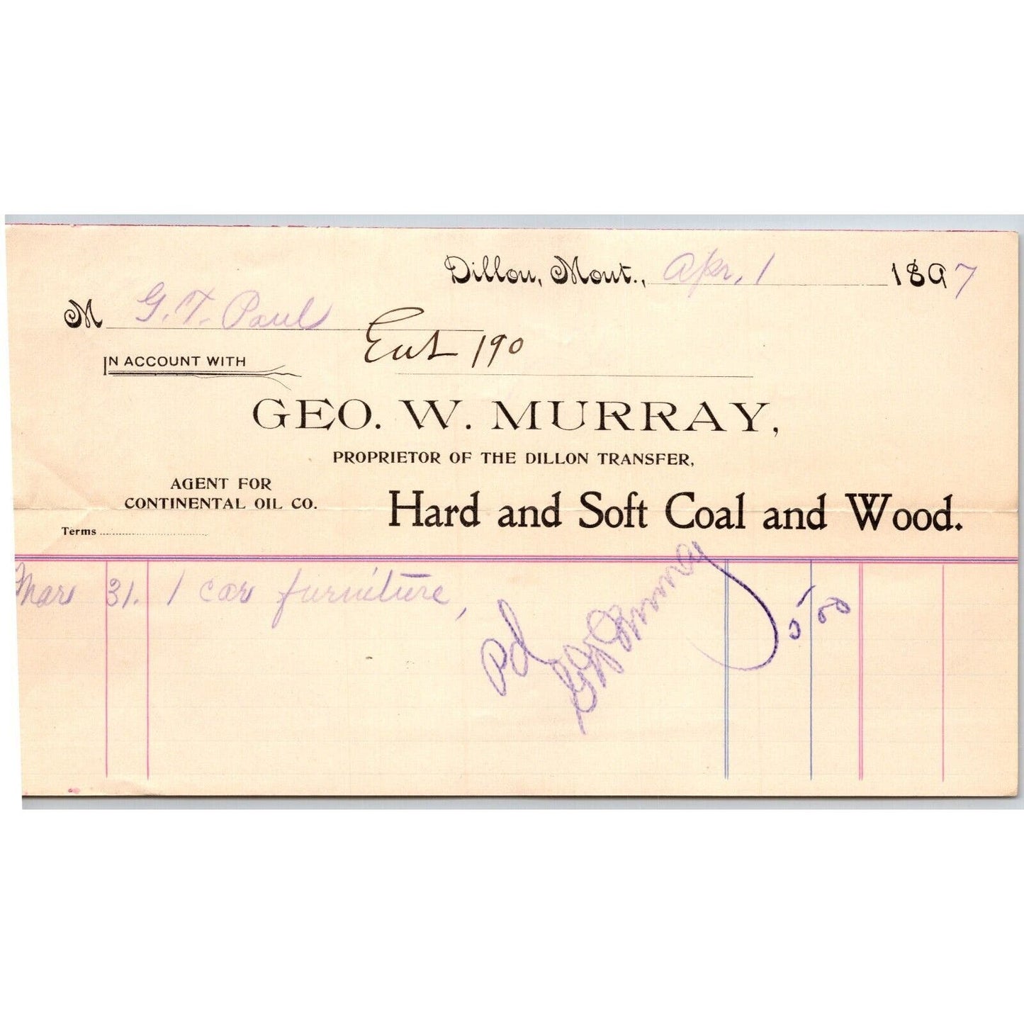 Dillon, MT Geo. W. Murray Hard Soft Coal Wood 1897 Billhead G.T. Paul*
