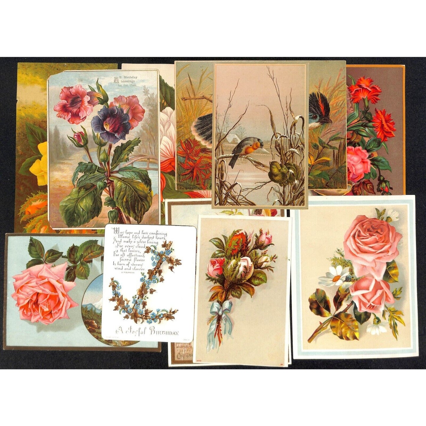 Group of 33 Mostly Floral Themed Victorian Greeting / Holiday Cards