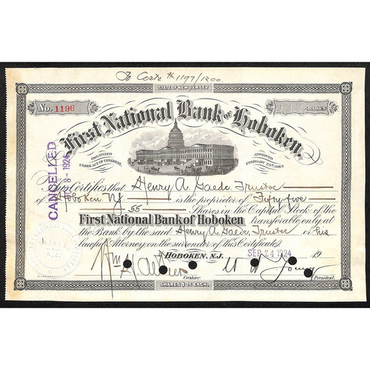 First National Bank of Hoboken NJ 1924 Stock Certificate Henry A. Gaede Trustee
