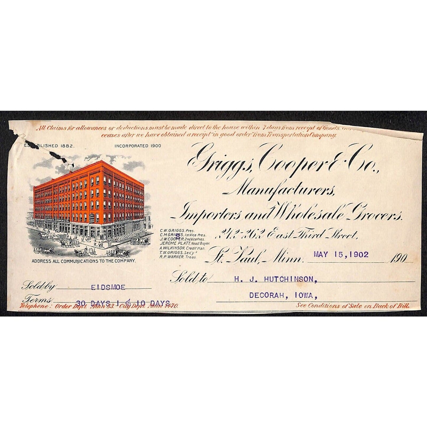 Griggs, Cooper & Co. St. Pail, MN HJ Hutchinson Decorah IA* Cut 1902 Billhead