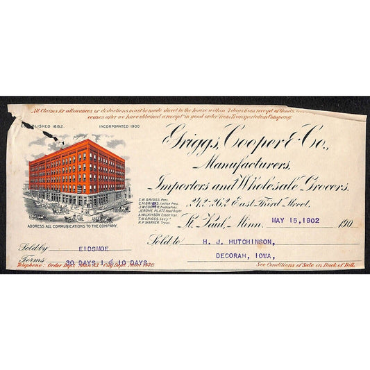 Griggs, Cooper & Co. St. Pail, MN HJ Hutchinson Decorah IA* Cut 1902 Billhead