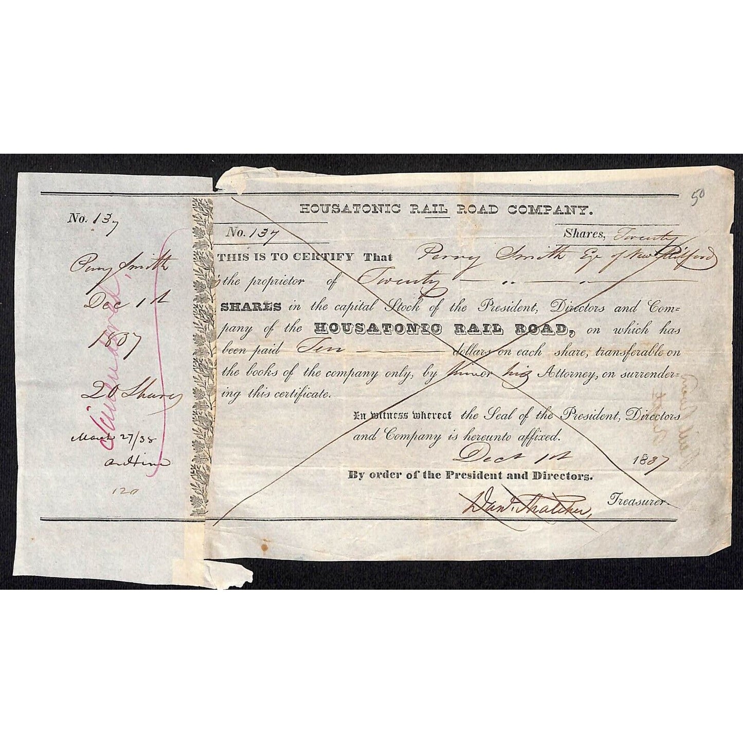 Housatonic Rail Road 1837 Stock Certificate Perry Smith Senator New Milford, CT