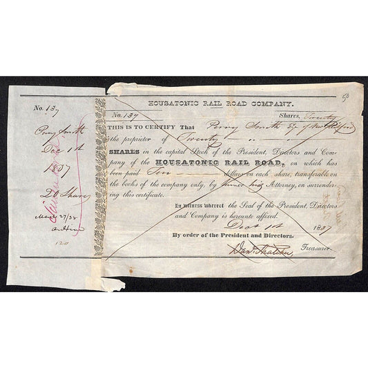 Housatonic Rail Road 1837 Stock Certificate Perry Smith Senator New Milford, CT