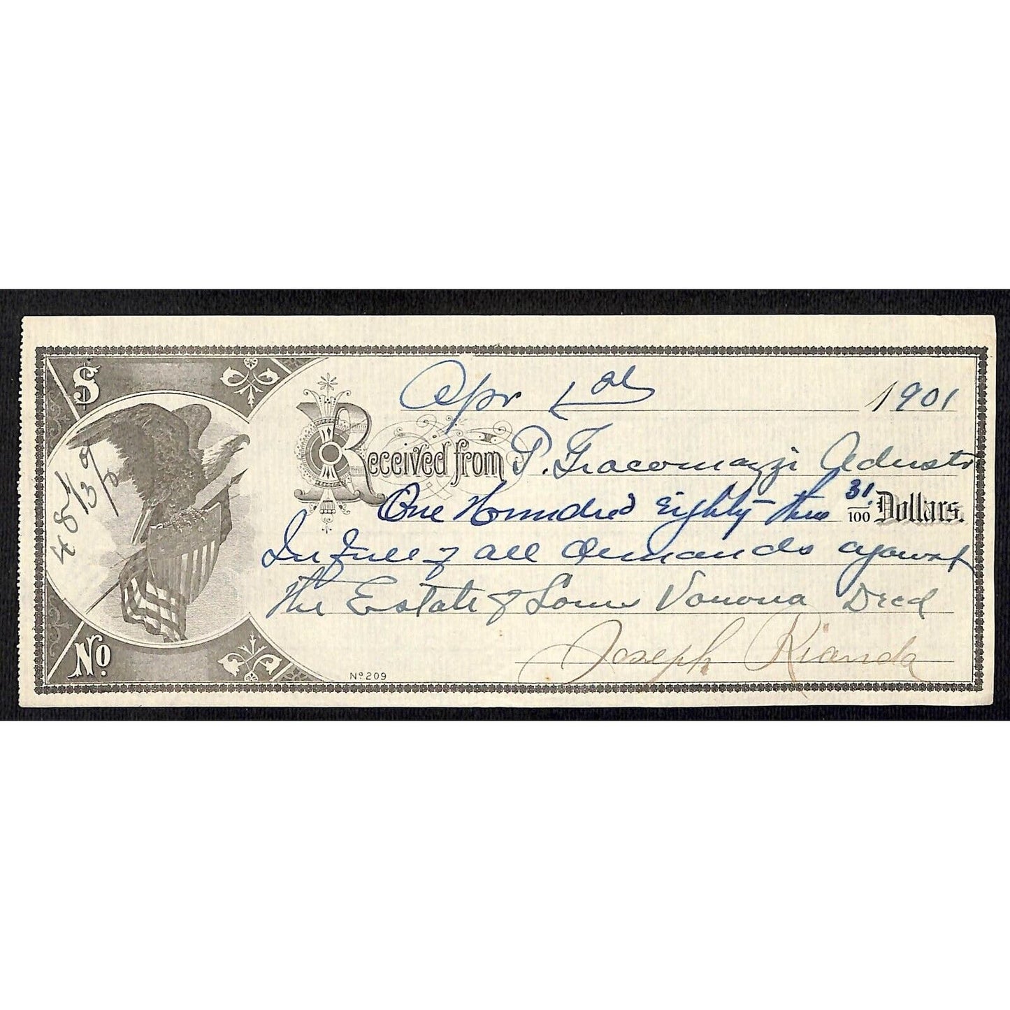 1901 Estate Payment Receipt w/ Eagle & Flag Vignette