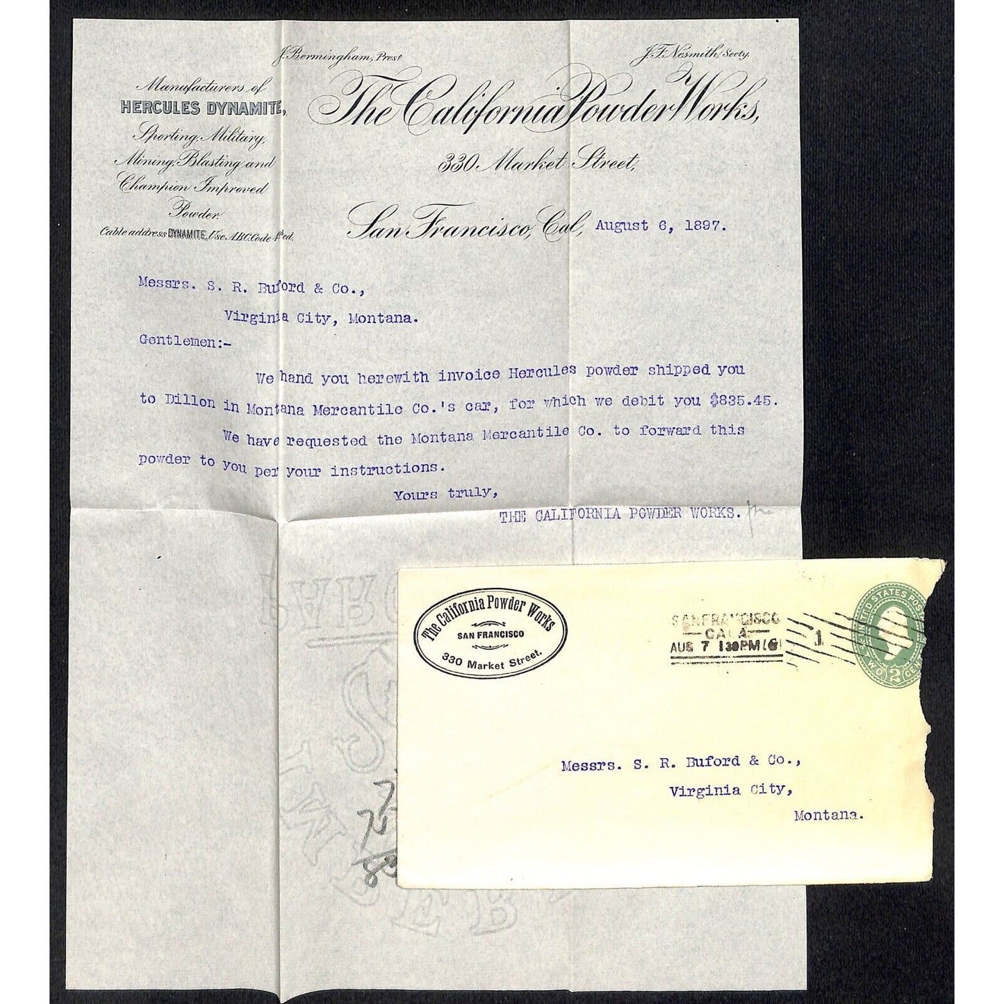 California Powder Works Aug 1897 Letterhead + Cover S.R. Buford Virginia City MT