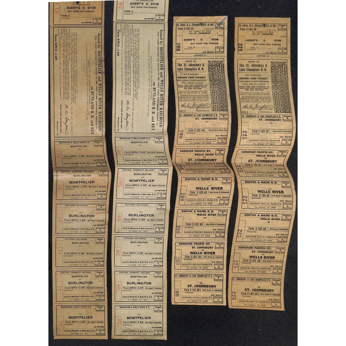 10 St. Johnsbury & Lake Champlain / Montpellier and Wells River RR Tickets c1940