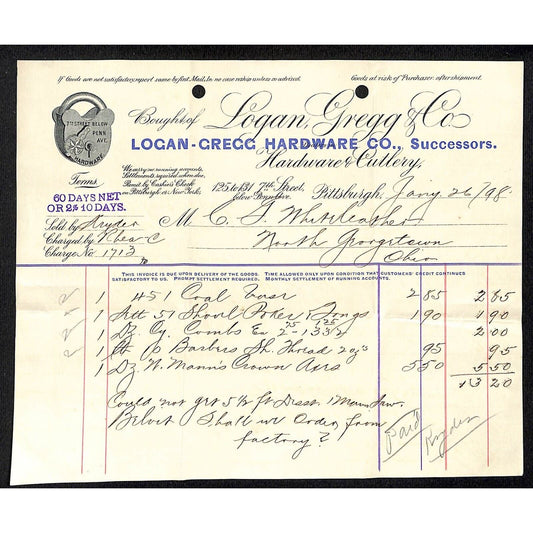 Logan-Gregg Hardware Pittsburgh 1898 Billhead Whiteleather* N. Georgetown , OH