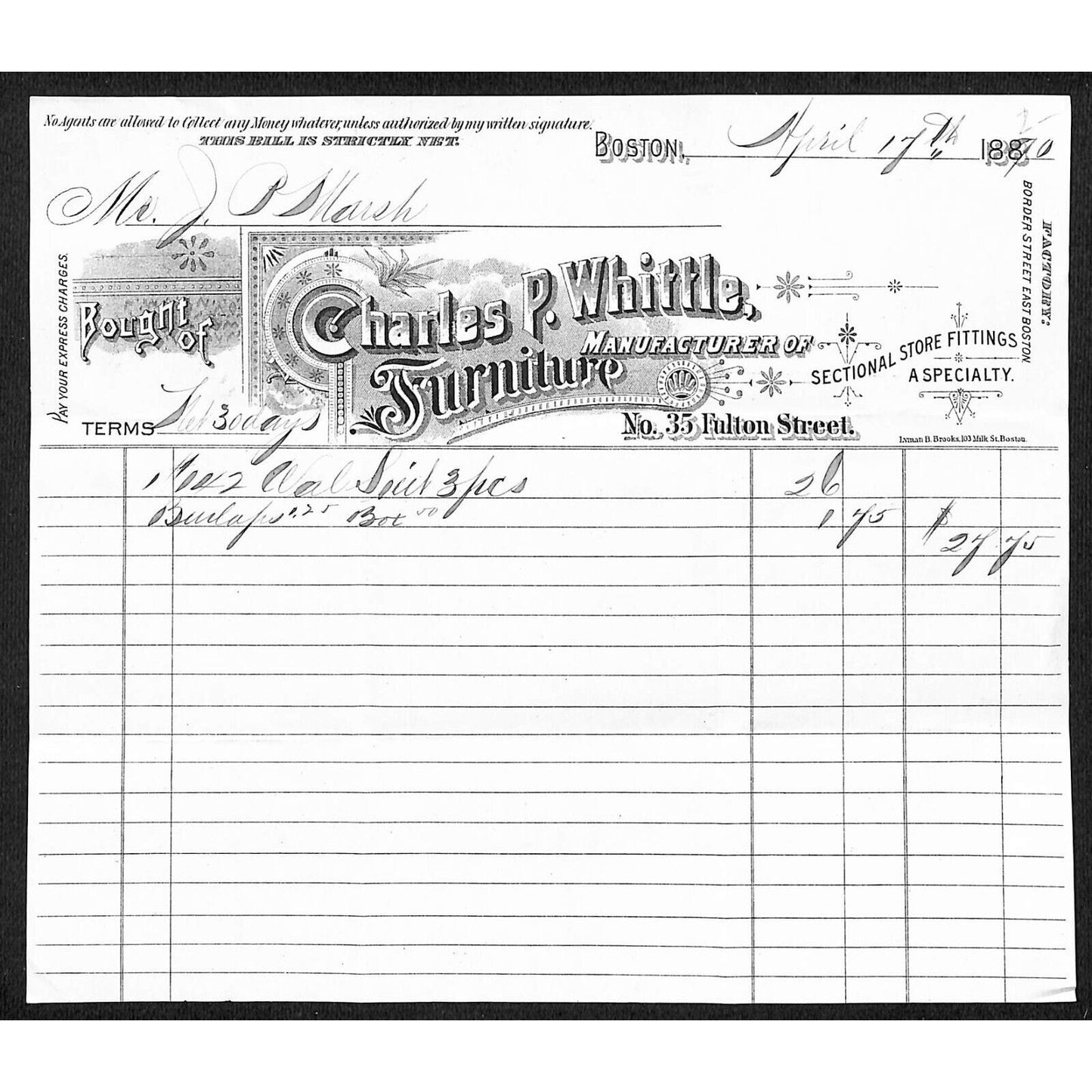 Charles P. Whittle Furniture 1890 (1880's) Billhead to J.P. Marsh Bethel, VT
