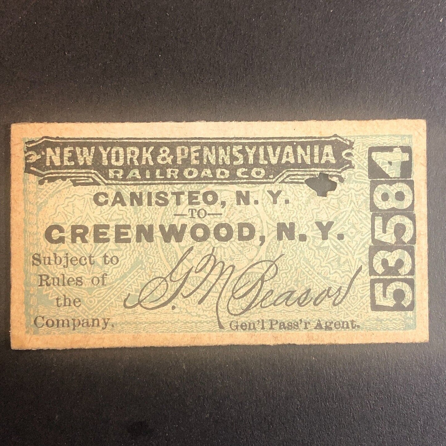 New York & Pennsylvania Railroad July 20 1917 Greenwood, NY Ticket #53584