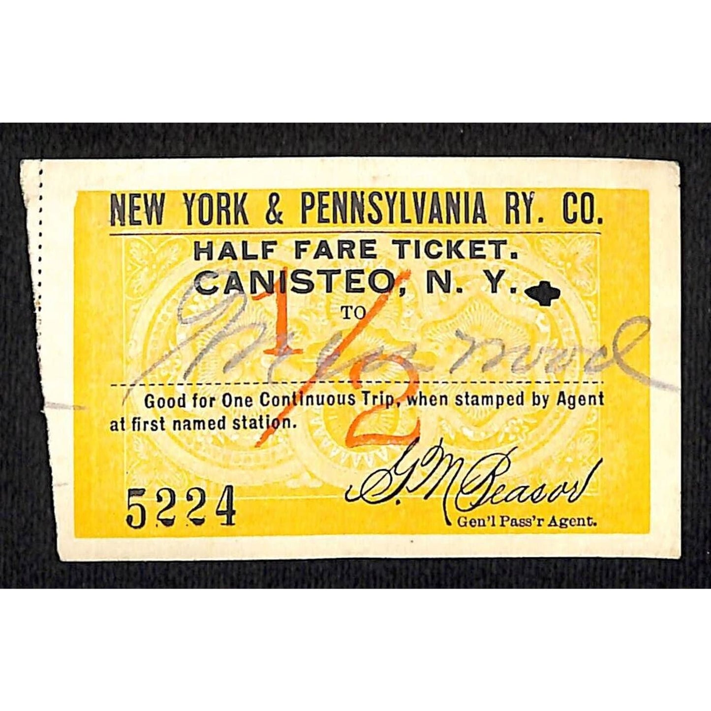New York & Pennsylvania Railroad RY July 11 1917 Greenwood 1/2 Fare Ticket #5224