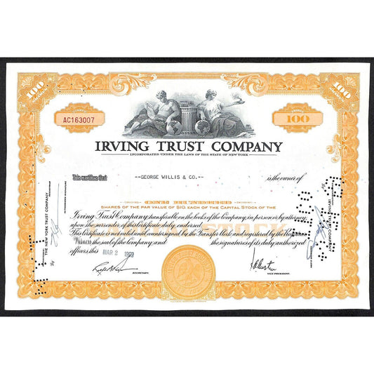 Irving Trust Company NY 1959 Stock Certificate to: George Willis & Co.