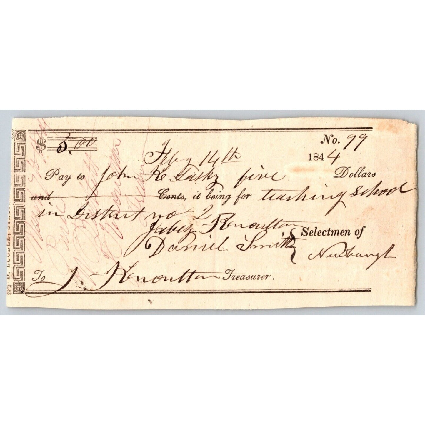 1844 Jabez Knowlton* Newburgh ME Town Check for "Teaching Students"