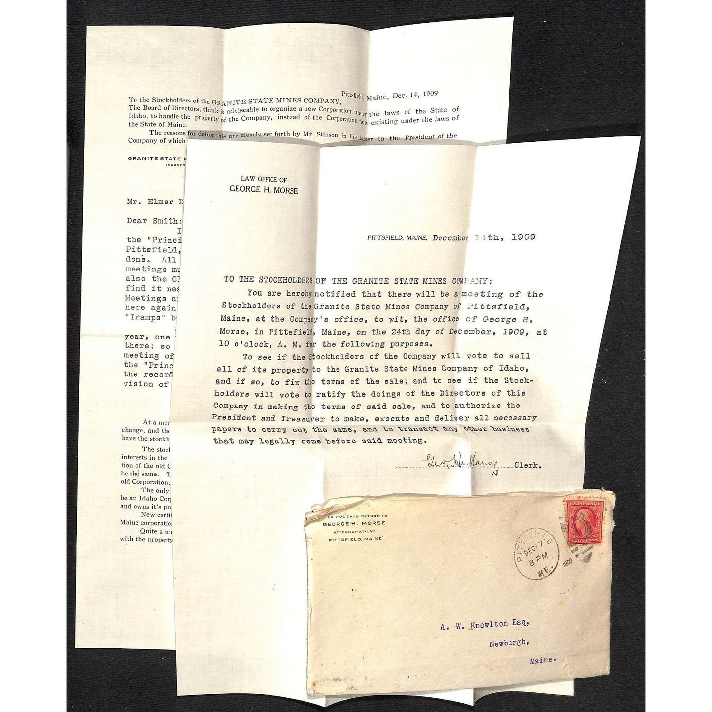 George H. Morse / Granite State Mines 1909 Letterhead re: Stock Knowlton*